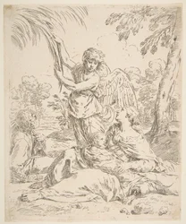 Descansar no Egito, Maria amamentando o bebê Cristo enquanto um anjo puxa galhos de árvores, ca. 1639