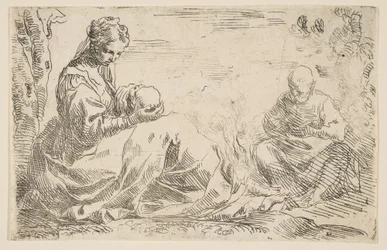 Descanse na fuga para o Egito, Maria segurando e olhando para o bebê Cristo enquanto St ...., ca. 1637