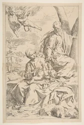 Descanse na fuga para o Egito, Maria segurando o bebê Cristo, enquanto São José entrega sua mão ..., ca. 1639
