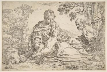Descanse na fuga para o Egito, Maria segurando o menino Cristo com São José à direita, ca. 1640.