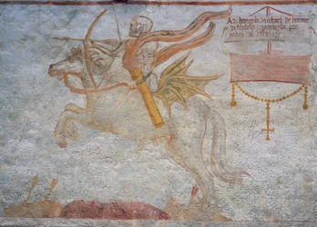 Cavalgando a cavalo com a seta apontada para a morte