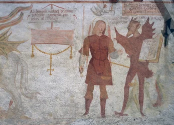 O Arcanjo Miguel e o diabo com o livro dos sete pecados mortais, detalhe de A Dança da Morte