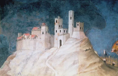 Comemoração do Guidoriccio da Fogliano no Cerco de Montemassi, detalhe da Fortaleza de Montemassi, da Sala del Mappamondo, 1328