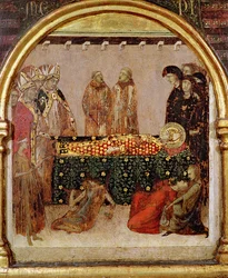 Cura dos doentes no dia da morte do painel predella de São Luís de Toulouse (1274-97) do Altar de São Luís de Toulouse, 1317 (têmpera no painel)