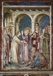 Fresco da vida de São Martinho. São Martinho é um cavaleiro, detalhe. O eveque Saint Martin de Tours e os músicos. Pintura de Simone Martini (1280-1344). Fresco
