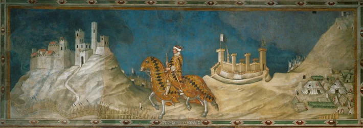 Guidoriccio da Fogliano, condottiere, cavalgando pelas montanhas áridas que rodeiam Siena (pintura mural)