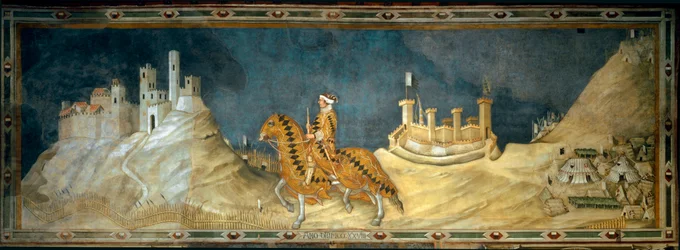 Guidoriccio da Fogliano. Representação de Guido Riccio da Fogliano (morreu em 1352), comandante (condottiero) do exército sienês, durante a tomada do castelo de Montemassi na Maremma em 1328. Pintura de Simone Martini (1280-1344)
