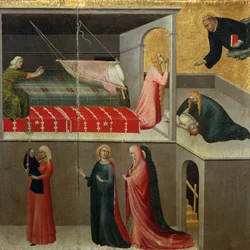 Milagre de bebé que caiu do berço, detalhe do retábulo intitulado Beato Agostino Novello e histórias da sua vida de Simone Martini (1283-1344), óleo sobre tela, 200x256 cm, cerca de 1330