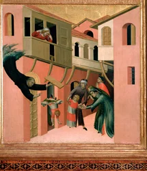 O monge italiano Agostino Novello diz que Panormitano e a representação de quatro dos seus milagres a criança a fazer uma queda da varanda, - tempera no painel