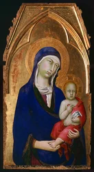 A Madonna e a Criança, detalhe de Altarpiece of St Dominic, de Simone Martini (1283-1344), tempera e ouro sobre painel de madeira