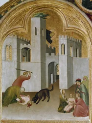 O milagre da criança agarra-se entre as presas de um lobo. Parte do tríptico História do Eremitério de Santo Agostinho (Tempera sobre madeira