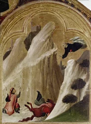 O milagre do cavaleiro caindo do penhasco e permanecendo vivo. Parte do tríptico História do Eremitério de Santo Agostinho (Tempera sobre madeira