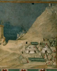 O acampamento dos soldados, a partir do mural que representa o condottiere Guidoriccio da Fogliano (fresco)