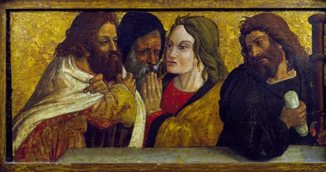 Última Ceia, pormenor da predela do políptico de Simone da Firenze, Igreja de Santi Pietro e Paolo, San Chirico Raparo (Potenza), Basilicata, Itália.