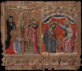 Pequeno retábulo mostrando a Crucificação, a Coroação da Virgem Maria e Cristo e os Apóstolos