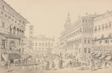 Álbum de 30 Vistas no Tirol e em Itália: Praça de Bolonha, Catedral e Palácio do legado do Papa 12 de Nov.r 1840