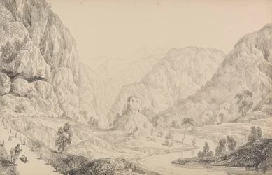 Álbum de 30 Vistas no Tirol e em Itália: Vista no Eisak perto de Mittenwald, 27 de Out.r 1840
