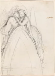 Desenho de um arco gótico com o artista e Effie Ruskin abraçados (frente); Desenho de um arco gótico com Effie como um anjo (verso)