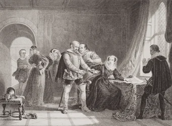 Maria Rainha dos Escoceses (1542-1587), obrigada a assinar sua abdicação no Castelo Lochleven em 1567, de "Ilustrações da História Escocesa e Inglês", Volume I