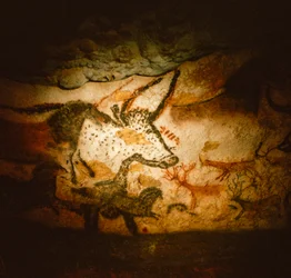 Pintura de uma cabeça de touro na câmara do touro, gruta de Lascaux