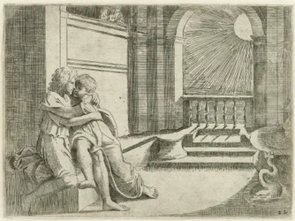 Abimelech ziet Isaak Rebekka liefkozen
Bijbelse scènes (título da série)
Historia del Testamento Vecchio / Pintado em Roma, no Vaticano, por Raffaelle di Urbin (...) (título da série)