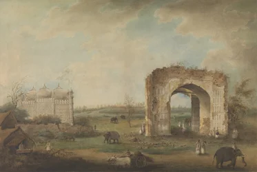 Vista de uma mesquita e de um portal em Motijhil, ca. 1814-23.