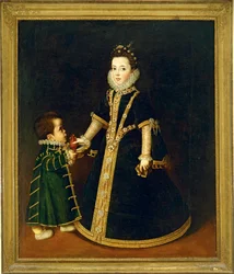 Rapariga com um anão, que se pensa ser um retrato de Margarida de Saboia, filha do Duque e da Duquesa de Saboia ... (pintura sobre tela)