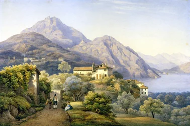 Como. Menaggio. Loveno e Mount Groma. 1840. Pintura por S. Corrodi. Menaggio, Como. .