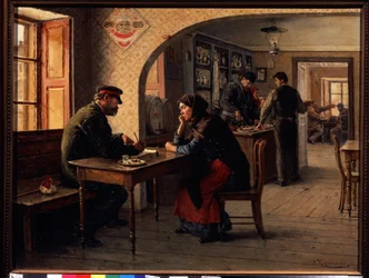 Uma petição. Num café, uma mulher fala com um soldado do Exército Vermelho que preenche um formulário para ela. Atrás deles, a azáfama comum de um café. Pintura de Solomon Yakovlevich Kishinevsky (Kishinevsky) (1863-1941), óleo