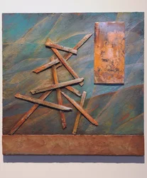 Os filhos de Deus, 2007 (painel, cobre, objectos encontrados, textura, fios, douramento, )