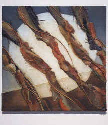 The Shepherds, 2007 (painel, juta, corda, couro, papel, pigmento)