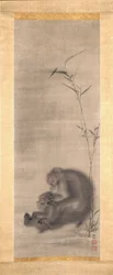 Macaco Grooming Offspring Offspring Near Bamboo (tinta e cor sobre seda)