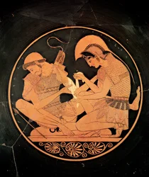 Interior, de, um, sótão, vermelho, figura, kylix, descrevendo, achilles, tendendo, a, ferido, Patrocles, de, Vulci, c.500, BC, (ceramic)