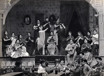 Sevilha, Espanha, dança e cena musical flamenca num café. Fotografia, final do século XIX,