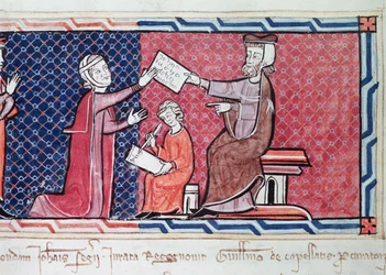 Uma mulher fazendo um juramento diante do rei Jaime I (1207-76) de Maiorca, detalhe do magistrado, a mulher e o escriba, de Capbreu de Clayra e de Millas, 1292 (detalhe de 181839)