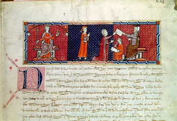 Uma mulher fazendo um juramento diante do rei Jaime I (1207-76) de Maiorca, de Capbreu de Clayra e de Millas, 1292