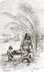 Uma família de nativos Sápara em um banco de areia ao lado do rio Napo, Equador