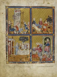 Acrescentar. 27210, f.3 Cenas do Génesis: Construção da Torre de Babel; Noah Cutting Grapes; Abraham e Sara; Nimrod e Abraham, ilustrações de 