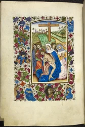 Adicionar MS 50004 f.70v A Virgem Maria segurando o corpo de Cristo, com dois discípulos e mulheres ao lado dela, de um 