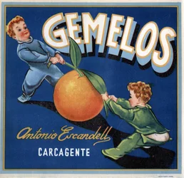 Publicidade para laranjas, imagem de dois bebés gémeos a lutar por uma laranja. Cartaz publicitário, Valência