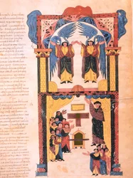 Anjos e Davi com a Arca da Aliança em pé diante do Templo de Salomão, fol.139r., Da Bíblia Visigodo-moçárabe de St. Isidores, 960 dC (têmpera sobre velino)