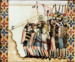 Armee des croises Detalhe de uma página tirada de um manuscrito do Cântico de Santa Maria, decorando miniaturas dedicadas a Santa Maria e aos seus milagres, uma colecção de canções de cor vermelha sob o regimento de Alfonso X o sábio (1221-1284).
