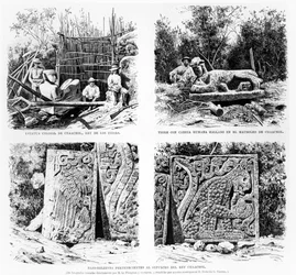 Artefatos descobertos em Chichen Itza por Augustus Le Plongeon, ilustração de La Illustracion Espanola y Americana 1877