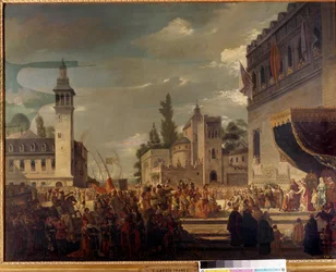 Cristóvão Colombo apresenta povos indígenas em Fernando II e Isabel 1 de Castela em Barcelona: a apresentação dos habitantes das Américas aos reis católicos pelo explorador Cristóvão Colombo (1451-1506). Pintura de Garcia Ibanez