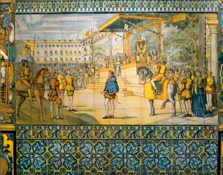 Clebrações em Valladolid em homenagem a Filipe II da Espanha, em maio de 1559. Azulejos da escola Talavera, no palácio da família Pimentel, Valladolid.