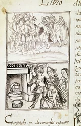 Códice da conquista do México - miniatura do manuscrito florentino "Storia degli Aztechi" (História dos Aztecas) de Bernardino de Sahagun