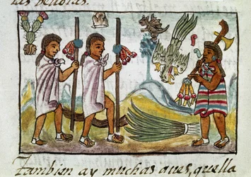 Códice da conquista do México: mercadores disfarçados em Tzinacantlan. Miniatura do manuscrito florentino "Storia degli Aztechi" (História dos Aztecas) de Bernardino de Sahagun