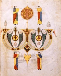 Colofão da Bíblia visigodo-moçárabe de Santo Isidor, com retratos dos dois miniaturistas, Florencio e Sancho, fol.514r., AD 960 (têmpera sobre velino)