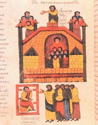 Conquista de Jerusalém por Nabucodonosor e pelo profeta Jeremias recebendo os dignitários da cidade, fol.283v., Da Bíblia Visigodo-moçárabe de São Isidoro, AD 960 (tempera sobre velino)