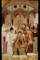 Consagração de uma pintura eveque sobre madeira da Escola Espanhola. Século XV Bayonne, Museu Bonnat